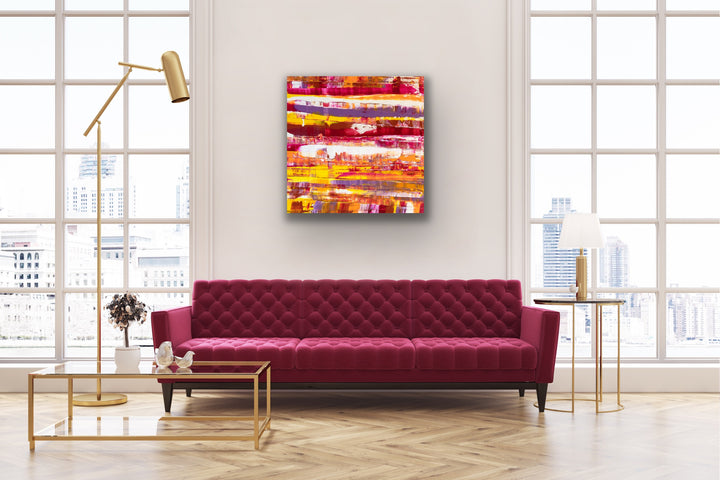 Sunset colorful abstract painting displayed in living room